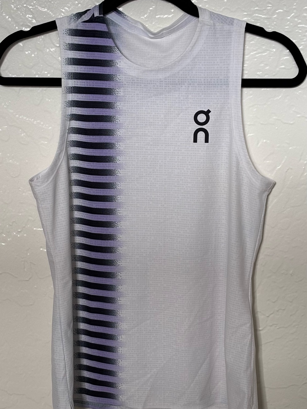 On Running Women’s White Tank Top with Black and Lavender Stripe Accent